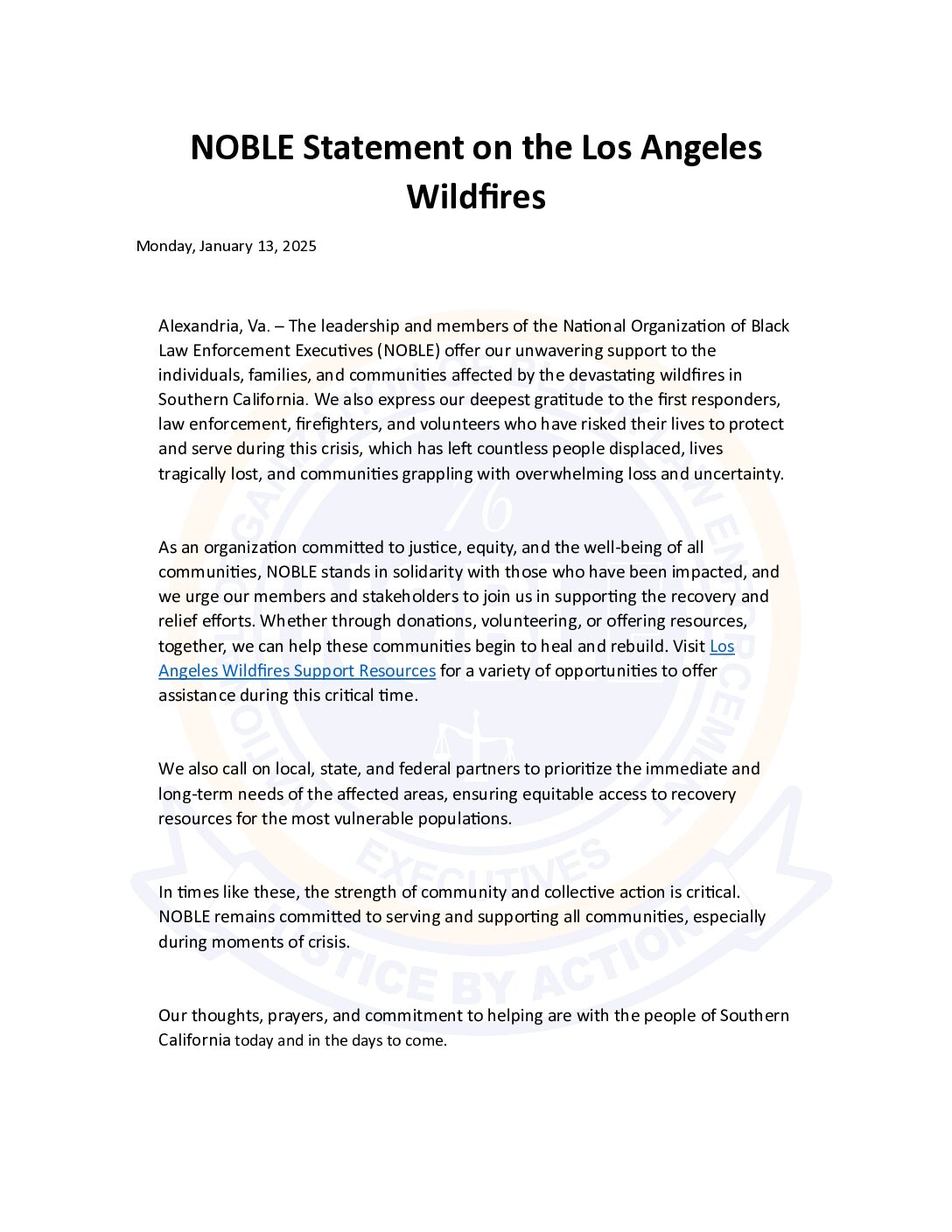 NOBLE Statement on the Los Angeles Wildfires